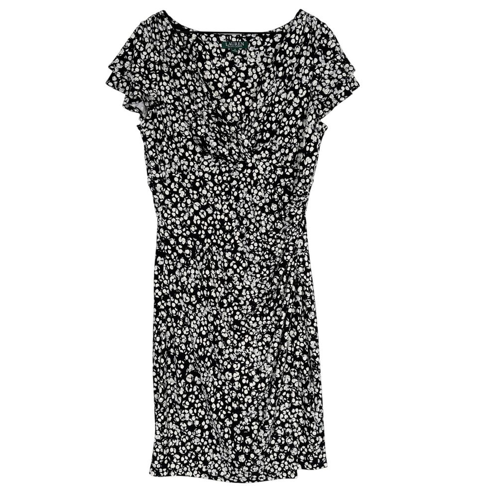 Lauren Ralph Lauren black white Jersey Dress Ruched Bodycon Midi - 12